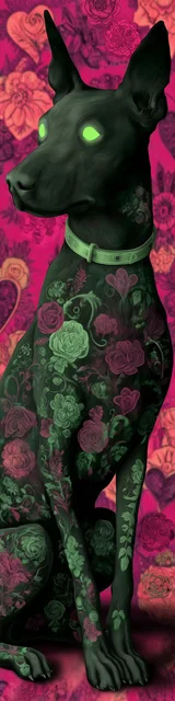 Free dog bookmarks featuring a green eyed black dog on red